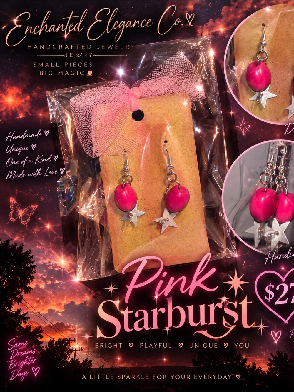 Enchanted Elegance- Pink Starburst Earring Wooden Beads— Handcrafted